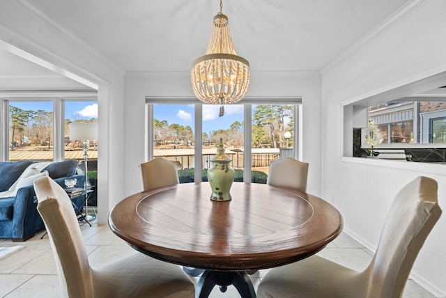 1201 Lakeshore Dr Unit 25, Hot Springs, AR 71913 - dining area featuring light tile patterned flooring, baseboards, an inviting chandelier, and crown molding