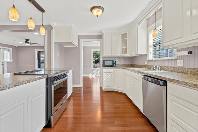 kitchen featuring crown molding, wood finished floors, a sink, appliances with stainless steel finishes, and pendant lighting