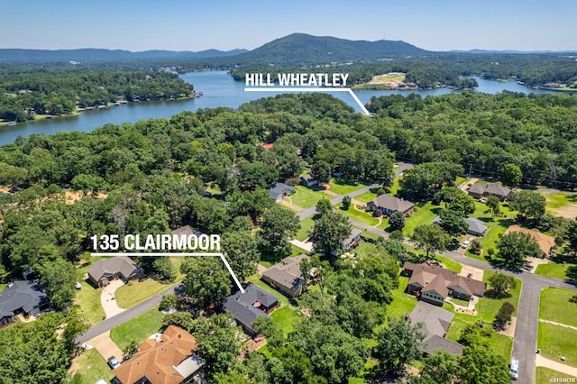 birds eye view of property featuring a residential view and a water and mountain view