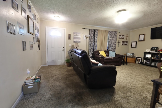 carpeted living room featuring a textured ceiling, ornamental molding, and baseboards