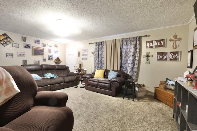 living area featuring a textured ceiling, ornamental molding, carpet, and baseboards