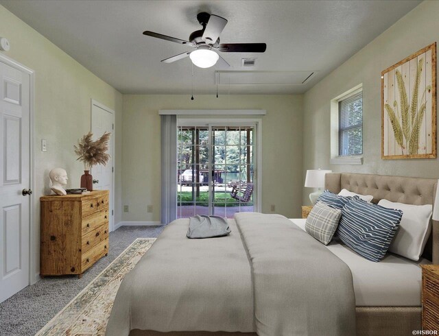 bedroom featuring visible vents, a ceiling fan, baseboards, carpet, and attic access