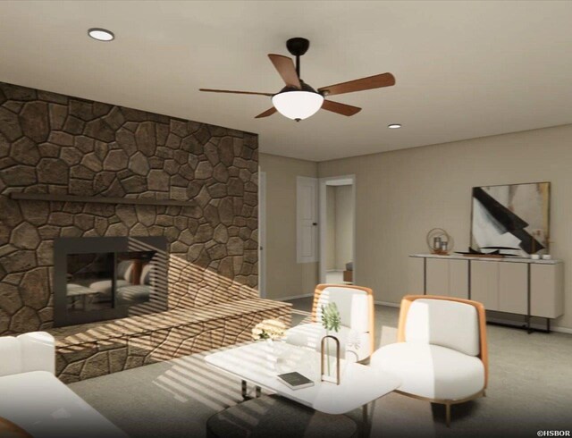 living room with recessed lighting, ceiling fan, a stone fireplace, and baseboards