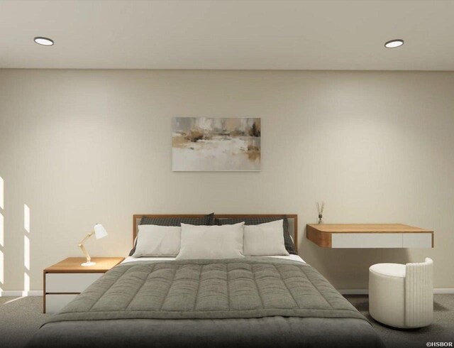 carpeted bedroom with recessed lighting and baseboards