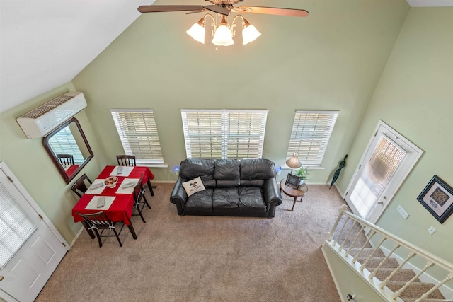 539 Charlie Stover Rd, Royal, AR 71968 - living area with a ceiling fan, high vaulted ceiling, and carpet flooring