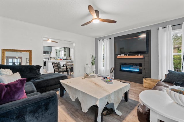 living area with light wood-type flooring, ceiling fan, and a glass covered fireplace