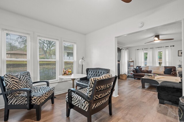 living area with ceiling fan, baseboards, and wood finished floors