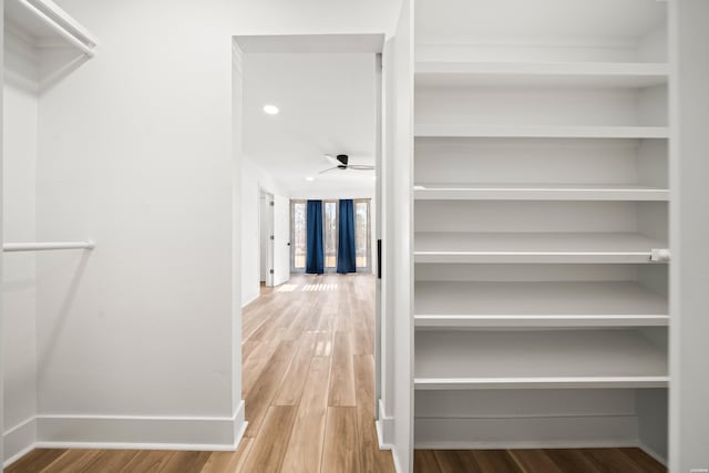 spacious closet with a ceiling fan and wood finished floors