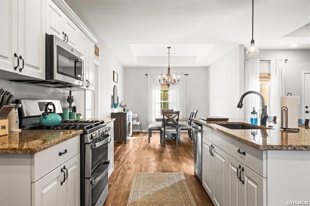 kitchen featuring white cabinets, a tray ceiling, stainless steel appliances, and dark stone countertops