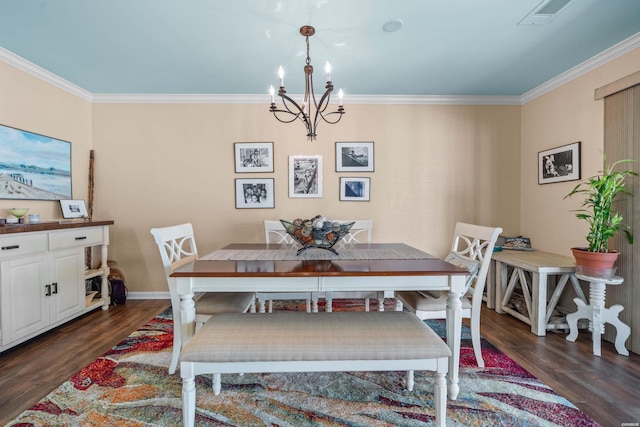 dining space featuring a notable chandelier, visible vents, baseboards, dark wood finished floors, and crown molding