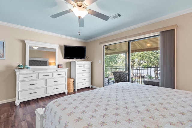 bedroom featuring baseboards, access to outside, and crown molding