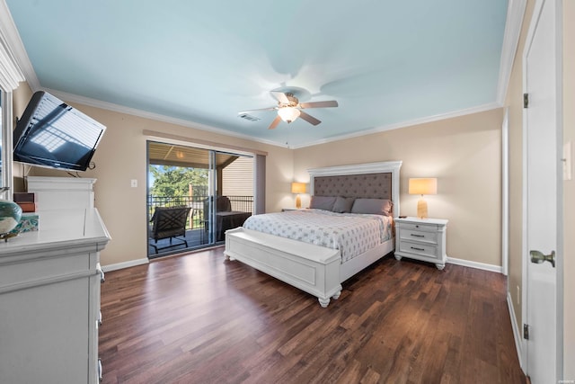 bedroom featuring baseboards, visible vents, ornamental molding, dark wood-style flooring, and access to outside