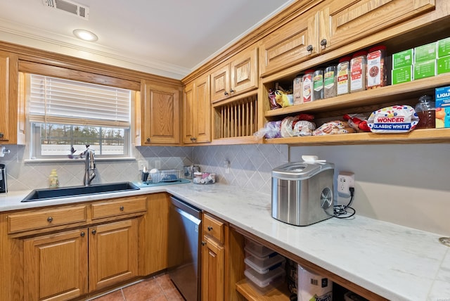 kitchen with light stone counters, a sink, visible vents, stainless steel dishwasher, and open shelves