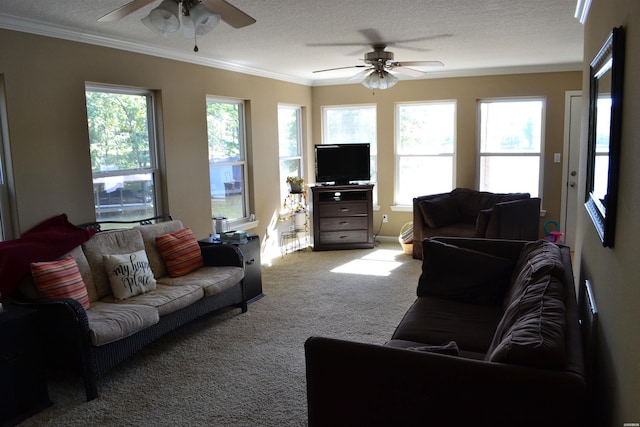 living room featuring light carpet, ceiling fan, a textured ceiling, and crown molding