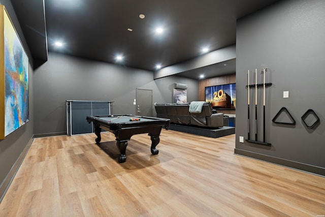 rec room with light wood finished floors, recessed lighting, baseboards, and pool table