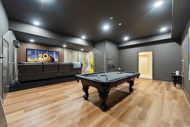 rec room featuring recessed lighting, pool table, and light wood finished floors