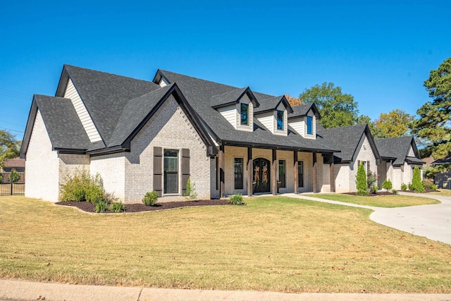 view of front of house with a front yard, brick siding, and roof with shingles