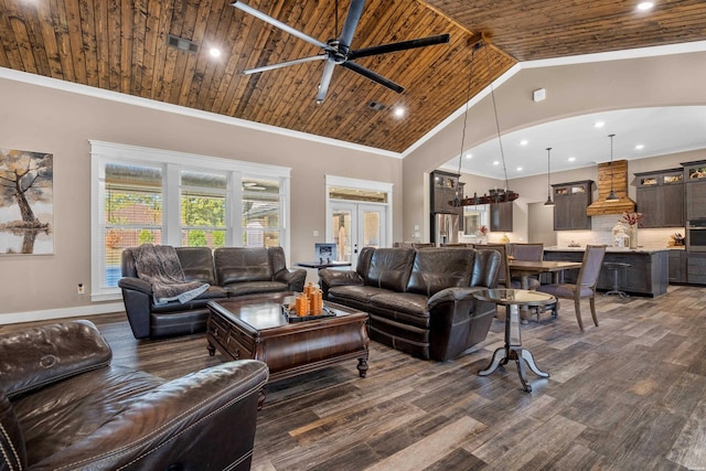 living room with visible vents, dark wood finished floors, baseboards, wood ceiling, and ornamental molding