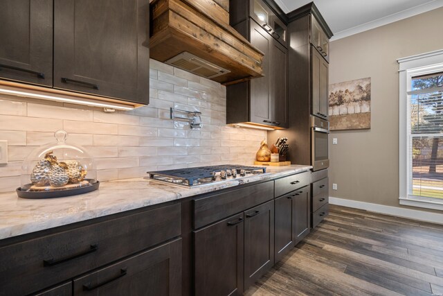 kitchen with decorative backsplash, custom range hood, appliances with stainless steel finishes, crown molding, and dark brown cabinets