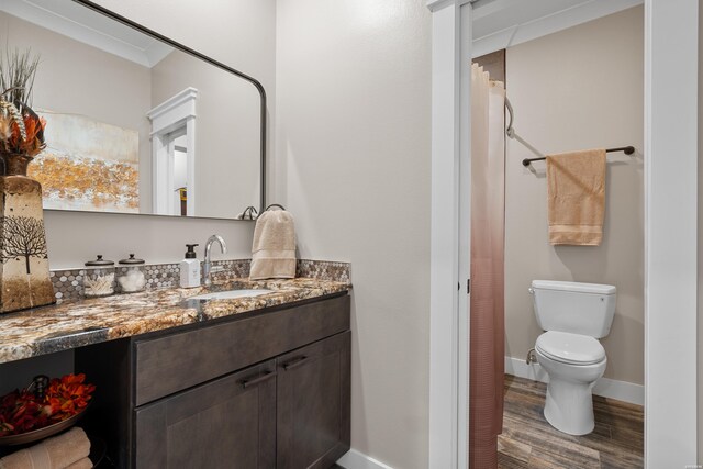 bathroom featuring curtained shower, toilet, wood finished floors, vanity, and baseboards