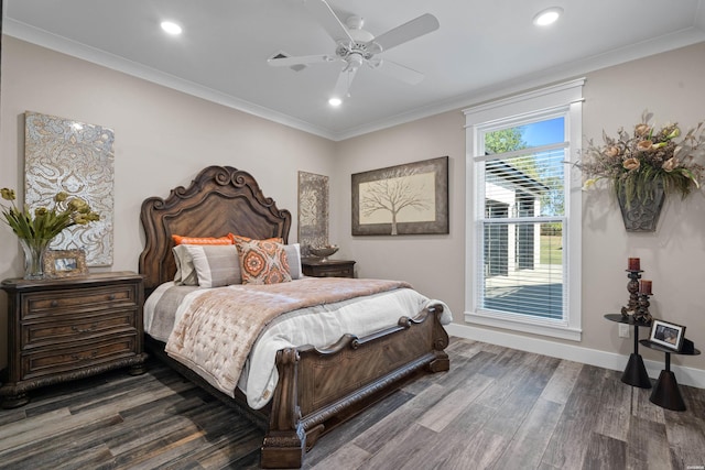 bedroom with ornamental molding, recessed lighting, dark wood finished floors, and baseboards