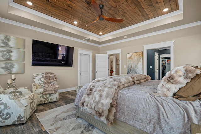 bedroom featuring a tray ceiling, recessed lighting, visible vents, ornamental molding, and wooden ceiling