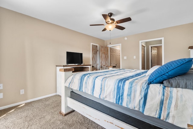 bedroom featuring carpet floors, a ceiling fan, and baseboards