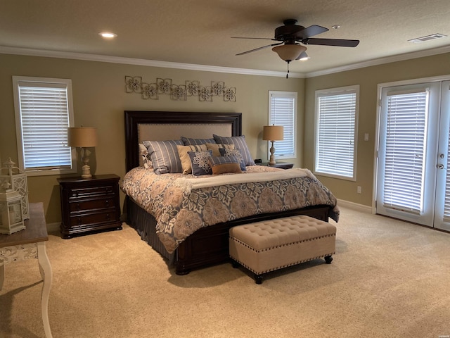 141 Central Ter Unit D, Hot Springs, AR 71913 - bedroom featuring access to exterior, crown molding, visible vents, light carpet, and baseboards