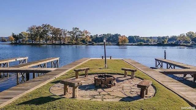 141 Central Ter Unit D, Hot Springs, AR 71913 - view of dock featuring a fire pit, a yard, and a water view