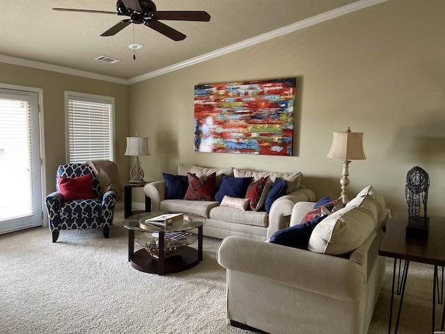 141 Central Ter Unit D, Hot Springs, AR 71913 - living room with visible vents, a ceiling fan, vaulted ceiling, crown molding, and carpet flooring
