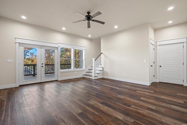 interior space featuring recessed lighting, french doors, dark wood finished floors, and stairs