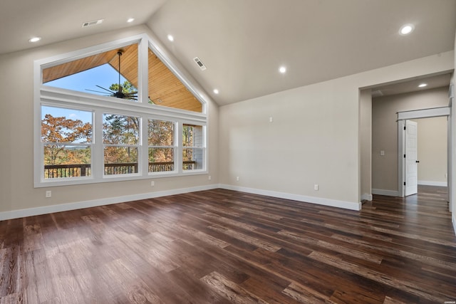 unfurnished living room with dark wood-style floors, visible vents, and a healthy amount of sunlight