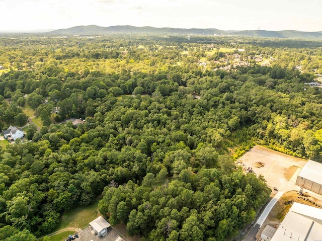 drone / aerial view with a wooded view