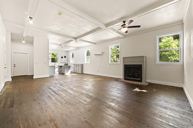 301 Walter St, Hot Springs, AR 71901 - unfurnished living room featuring hardwood / wood-style flooring, coffered ceiling, a wall unit AC, healthy amount of natural light, and ceiling fan