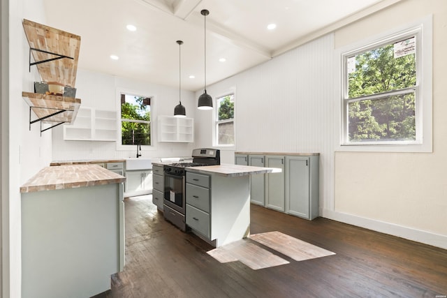 301 Walter St, Hot Springs, AR 71901 - kitchen with open shelves, stainless steel gas range, wood counters, a sink, and dark wood-style floors