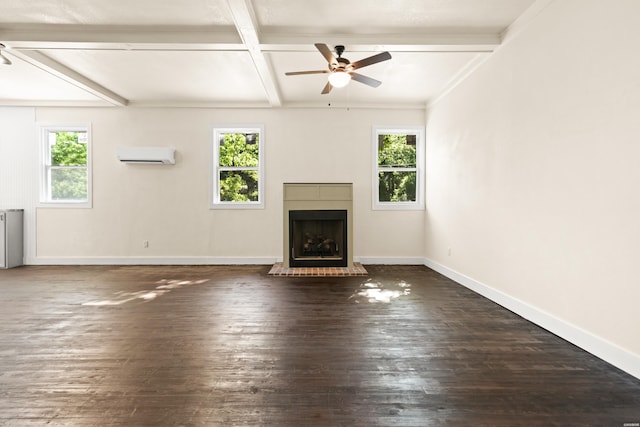 301 Walter St, Hot Springs, AR 71901 - unfurnished living room with ceiling fan, a wall unit AC, a brick fireplace, dark wood-type flooring, and beamed ceiling