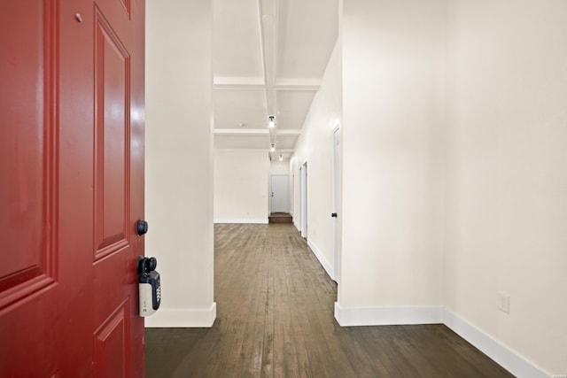 301 Walter St, Hot Springs, AR 71901 - hallway featuring baseboards, dark wood-style flooring, coffered ceiling, and beamed ceiling