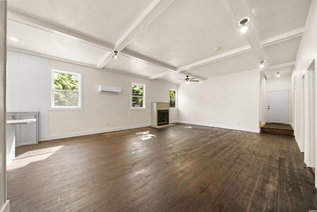 301 Walter St, Hot Springs, AR 71901 - unfurnished living room featuring coffered ceiling, a fireplace with raised hearth, dark wood finished floors, healthy amount of natural light, and baseboards