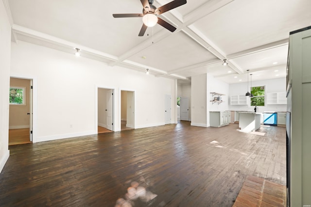 301 Walter St, Hot Springs, AR 71901 - unfurnished living room with baseboards, hardwood / wood-style floors, a ceiling fan, beam ceiling, and recessed lighting