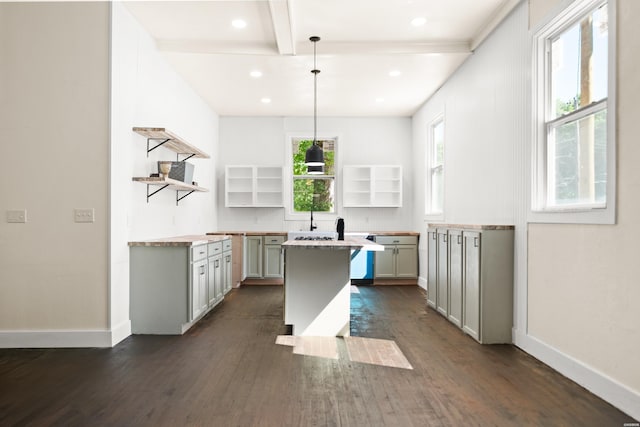 301 Walter St, Hot Springs, AR 71901 - kitchen with open shelves, a center island, dark wood-style floors, baseboards, and beam ceiling