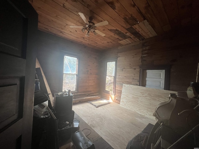 interior space featuring wood walls, wooden ceiling, and a ceiling fan