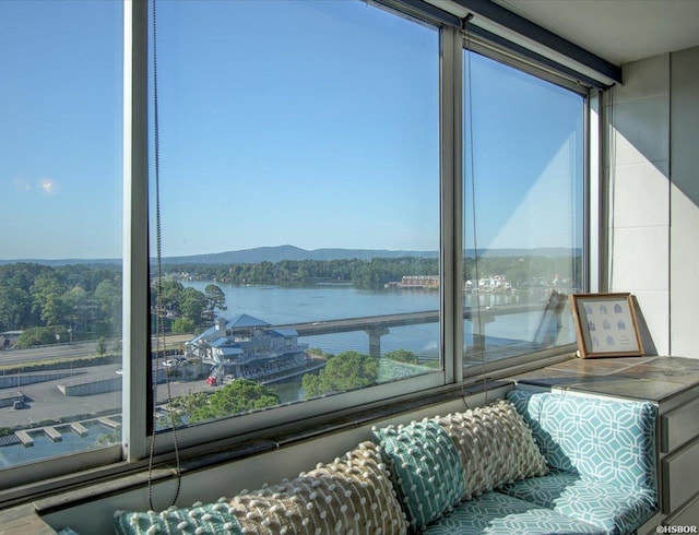 interior space featuring a water view