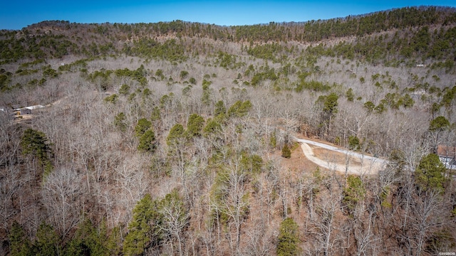 drone / aerial view with a wooded view