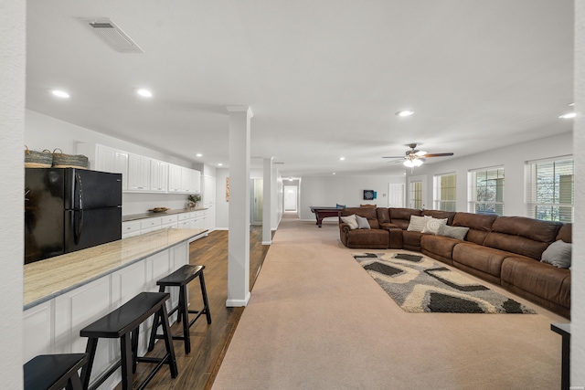 living room featuring billiards, visible vents, baseboards, ornate columns, and recessed lighting