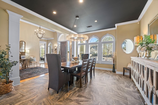 dining room with a chandelier, recessed lighting, visible vents, baseboards, and crown molding