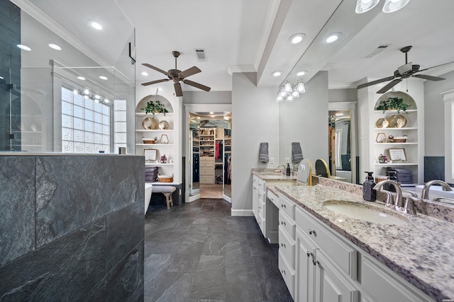 full bathroom featuring a stall shower, visible vents, ornamental molding, and built in features