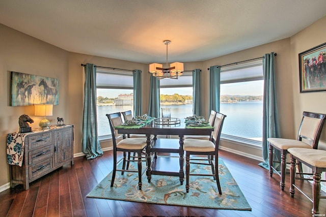 dining area with plenty of natural light, a water view, dark wood finished floors, and baseboards