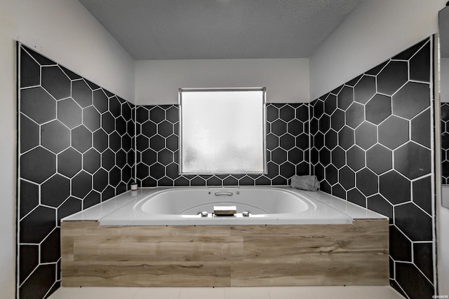 full bathroom featuring a garden tub and tile walls