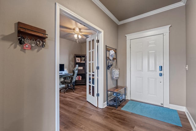 115 Gatehills Pl, Hot Springs, AR 71913 - foyer entrance with crown molding, wood finished floors, a ceiling fan, and french doors