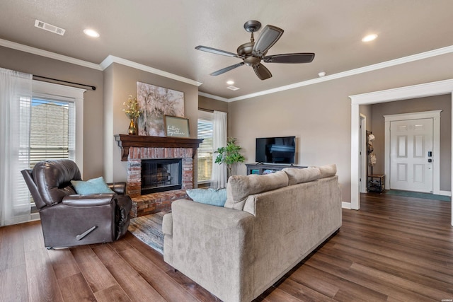 115 Gatehills Pl, Hot Springs, AR 71913 - living room featuring dark wood-style floors, a fireplace, ceiling fan, recessed lighting, and crown molding